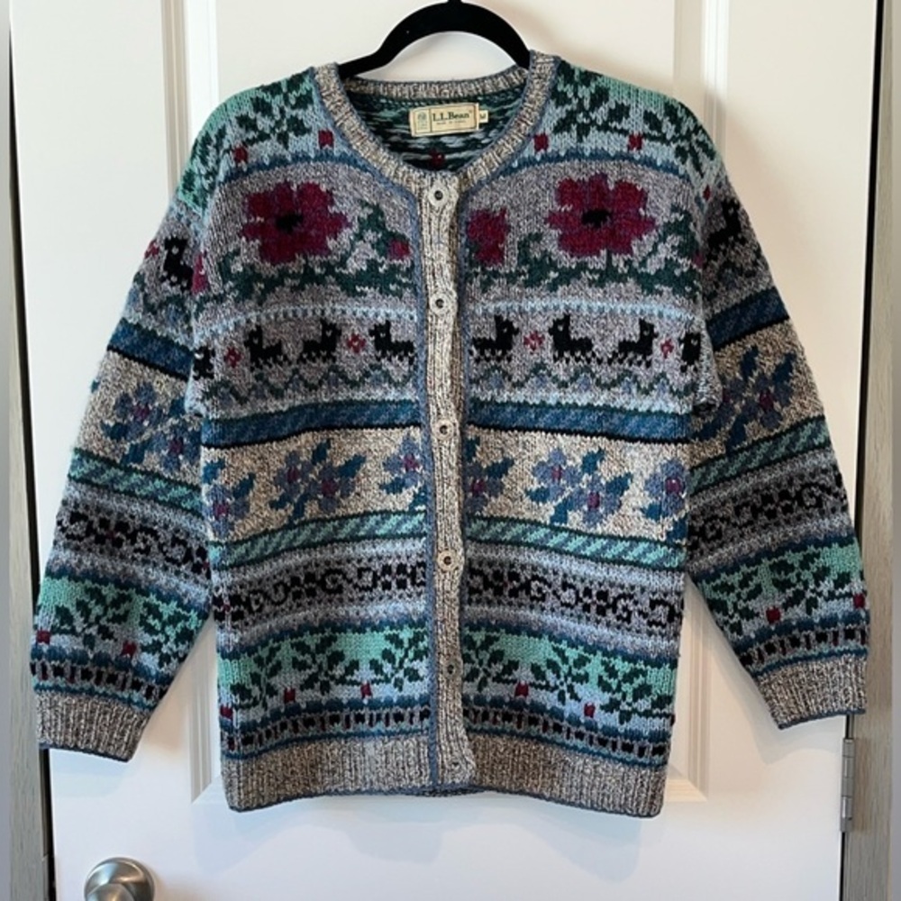 Vtg LL Bean Cardigan Womens Medium Wool  Animal 80s Prairie Scottie Dog